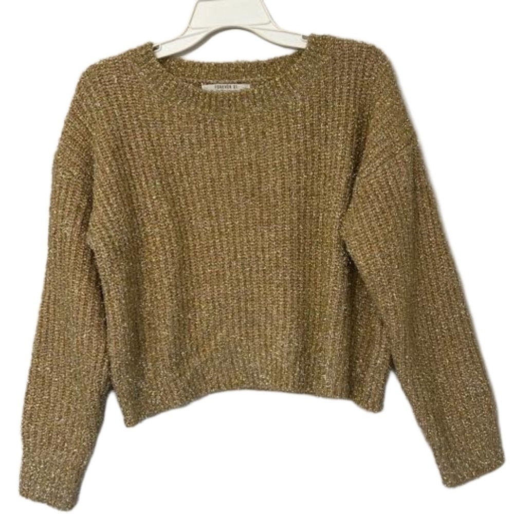 Forever 21 Womens Cropped Eyelash Gold Metallic Long Sleeve Sweater